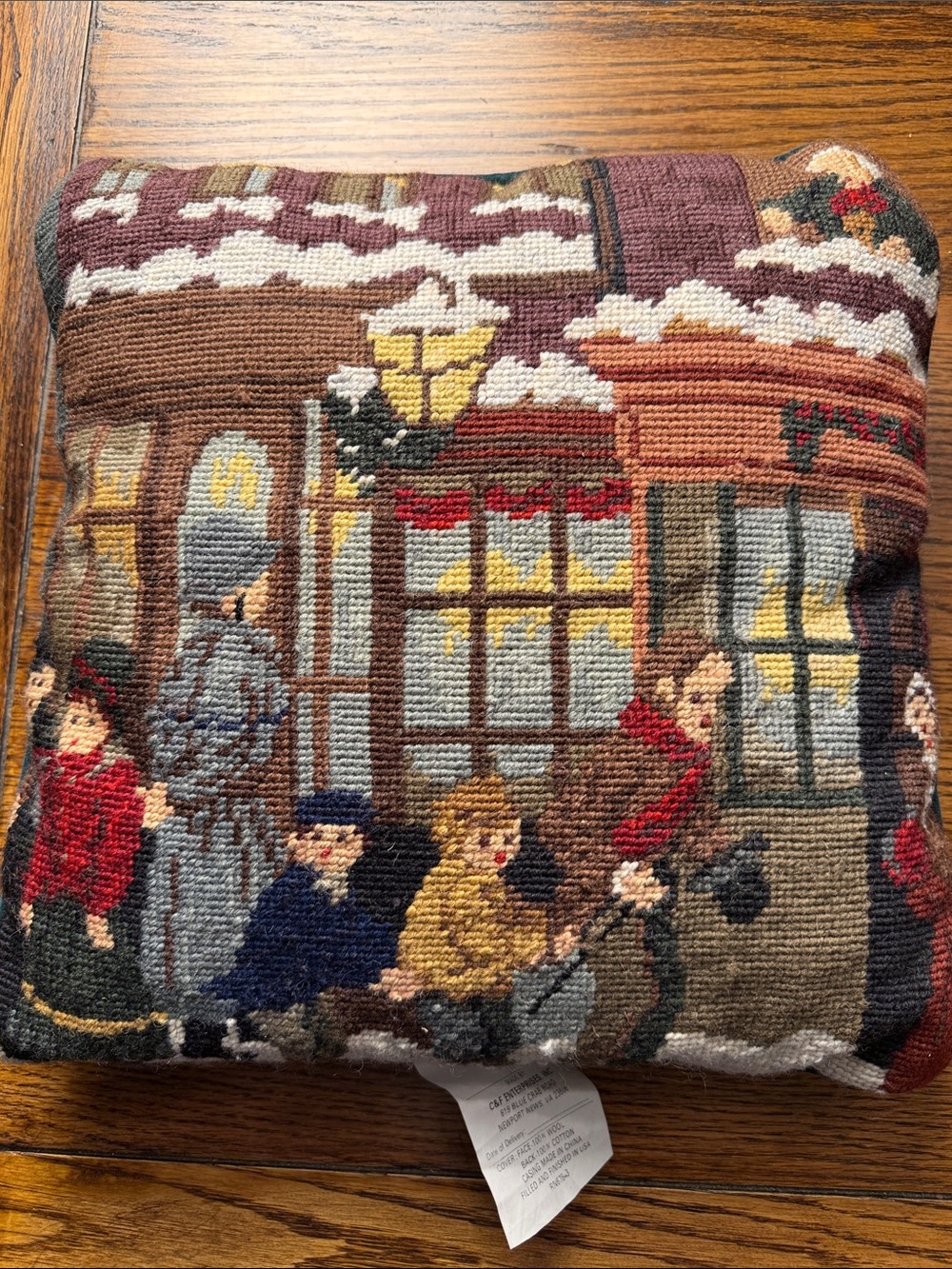 Vintage Christmas Needlepoint Pillow Dickens Scrooge Carolers C&F Wool